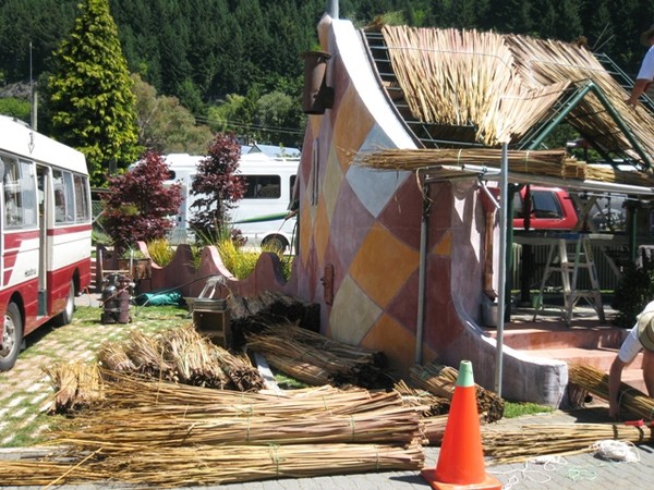 Built almost entirely from recycled material, the new BBQ Kitchen building takes shape at Queenstown's Top 10 Holiday Park "Creeksyde"